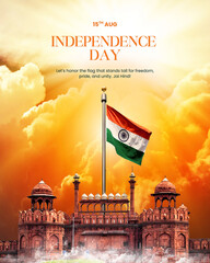 Happy Independence Day, 15th August Image with cloud background and Evening view with Tiranga Flag on Delhi lal Qila 79th Independence Day 