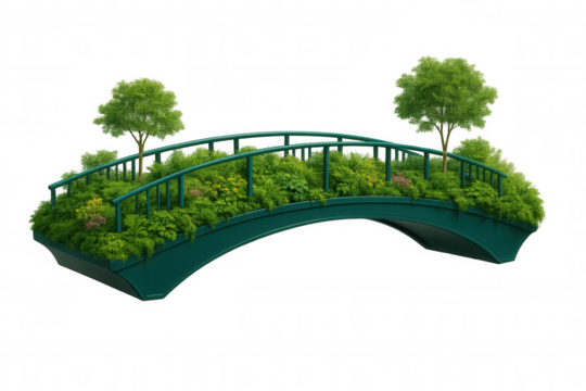 Green arch bridge covered by grass, flowers, bushes and trees isolated on transparent background, ideal for ecology, environment and fantasy concepts