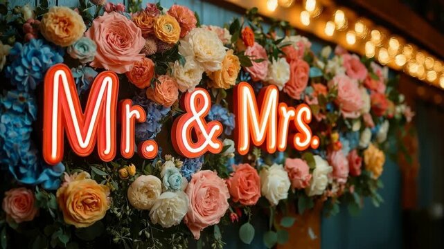 Neon Sign "Mr. & Mrs." Surrounded by Colorful Flowers