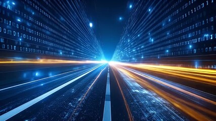 Abstract Digital Data Stream Tunnel With Binary Code and Light Trails in Blue and Orange Colors - Powered by Adobe