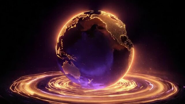 Glowing Earth encircled by swirling orange energy bands against a dark backdrop, showcasing a pointillist map with North and South America prominent