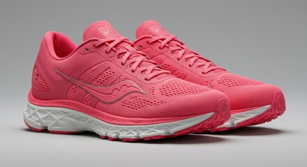 Bright pink running shoes on gray background, sporty and stylish design