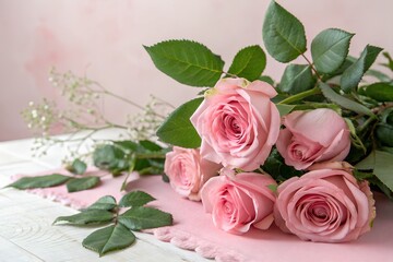 Fototapeta premium Pink Roses on Pink Surface Close-up Photography of a Bouquet