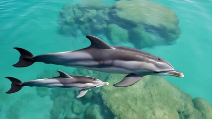 A playful dolphin calf swims closely beside its mother in clear turquoise waters. Coral reef textures are visible below the surface, creating a vibrant marine environment