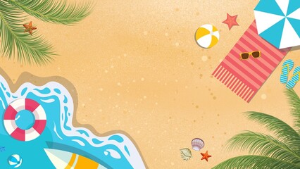 Vibrant Summer Beach Scene with Palm Leaves, Ocean Waves, and Beach Accessories