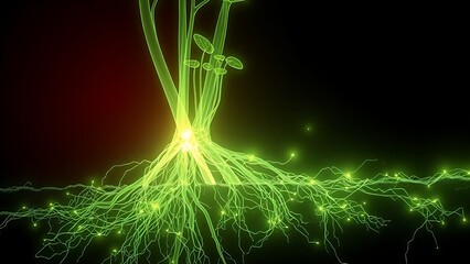 An X-ray view of plant roots unveiling a hidden glowing network weaving through the soil.