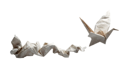 Crumpled paper turning into origami bird, symbolic image of learning through failure, white background
