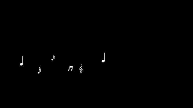 Animated white notes flying from left to right. Wave of flying notes. Music concept. Vector illustration isolated on a black background.