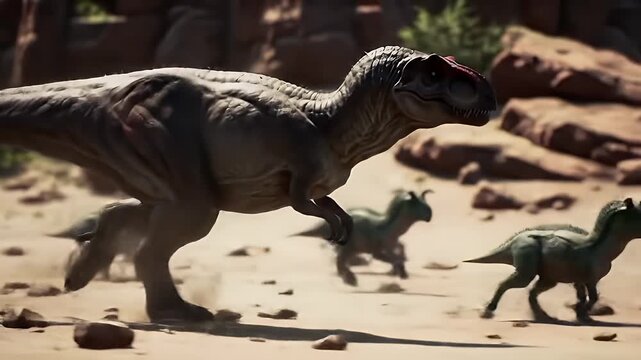 Allosaurus on the Hunt A Large Gray Dinosaur Pursues Smaller Green Prey Across a Sandy Terrain Under Natural Daylight With Rocky Background