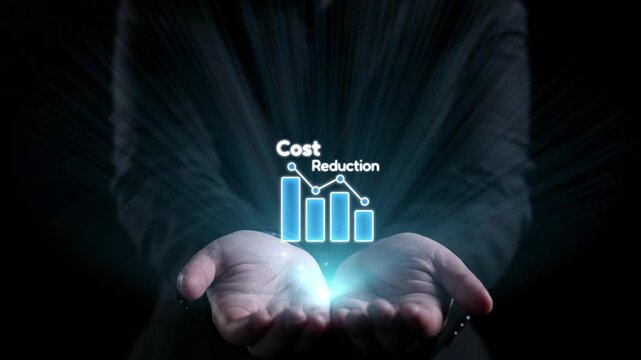 A pair of hands holds glowing icons symbolizing cost reduction and business strategy, showcasing financial analysis and innovative growth in a digital landscape. Qubit