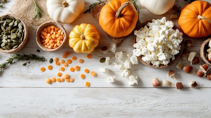 Autumn arrangement with pumpkins, lentils, seeds, cottage cheese, and nuts