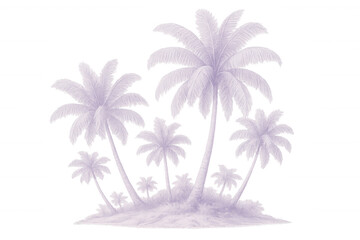 Obraz premium Lavender coconut palms creating small tropical island silhouette, isolated graphic representing serene coastal landscape with minimalist design aesthetic