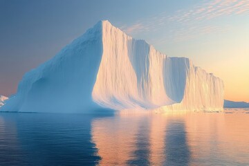 Massive iceberg illuminated by soft sunlight floating on calm reflective water under a clear sky at sunset