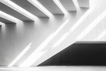 Obraz premium Minimalist interior with white walls and ceiling beams casting diagonal shadows over a sleek black geometric lower section, evoking calm and modern simplicity