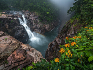 Misty waterfall cascading into a lush, rocky gorge, vibrant yellow flowers in foreground