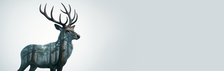 Majestic deer silhouette with forest double exposure on clean light background, ideal for poster, banner, or wildlife conservation promotion template. Ai generative