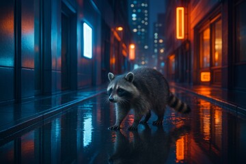 Raccoon walking alone on wet neon-lit city street at night with colorful lights reflecting on puddles, urban wildlife exploration concept. Ai generative