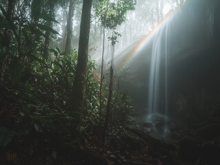 Fototapeta premium Misty rainforest waterfall with rainbow