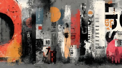 Visually striking abstract composition featuring a collage of bold colors overlapping textures and gritty urban elements like graffiti signage and weathered surfaces
