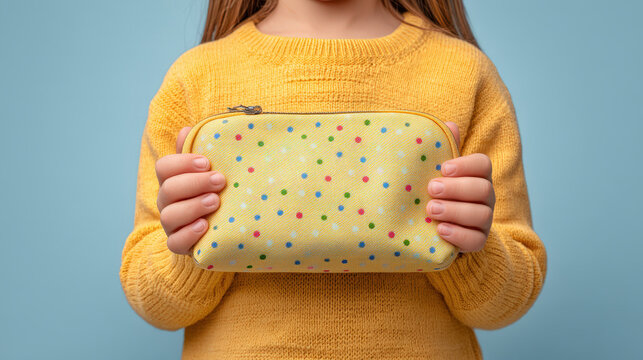 Child in yellow sweater holds colorful polka dot pencil case ready for back to school excitement - Powered by Adobe