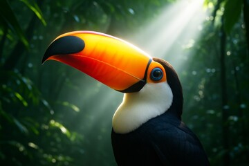 Naklejka premium Close-up of colorful toucan with vibrant beak in lush jungle setting, illuminated by soft natural light rays through dense canopy. Ai generative. Ai generative