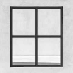 Minimalist square black window frame set in a white textured wall with four clear glass panes showing neutral exterior scenes