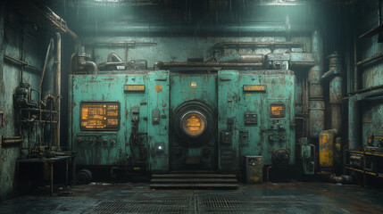 Corroded factory machines in dim industrial setting