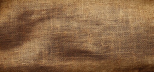Close-up texture of brown burlap fabric showing coarse woven fibers and natural wrinkles