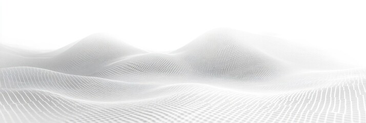 Abstract 3D white mesh grid forming smooth rolling hills with soft light and subtle shadows creating a futuristic digital landscape