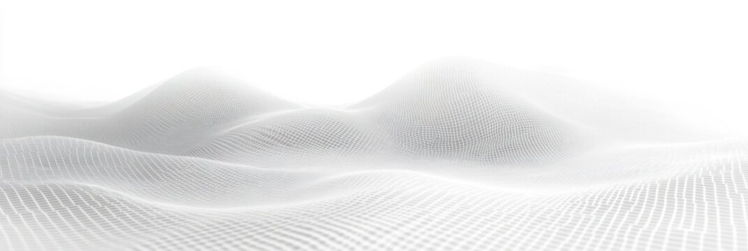 Abstract 3D white mesh grid forming smooth rolling hills with soft light and subtle shadows creating a futuristic digital landscape