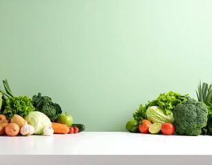 Vibrant vegetables arranged on a white surface against a pale green backdrop