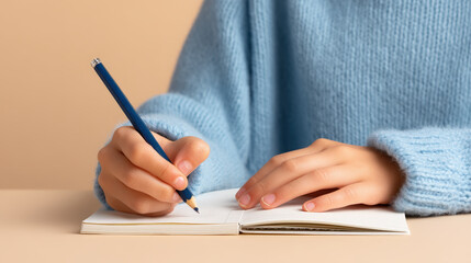 Person in cozy blue sweater writes in notebook with pencil, capturing essence of back to school preparation