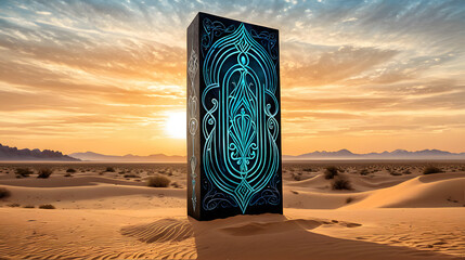 Ornate Monolith in Desert Landscape