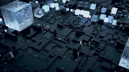Futuristic Digital Cityscape with Floating Cubes and Data Streams - Powered by Adobe