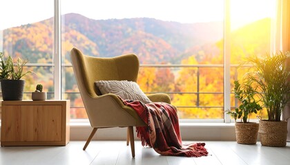 Obraz premium Autumnal Comfort: Cozy Armchair by a Window with Fall Foliage