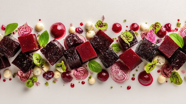 Diced beets, tiny leaves, and various spherical components arranged on light background