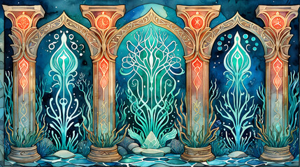 Underwater Temple Watercolor Painting