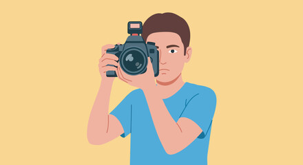 Cartoon illustration of a person holding a camera and focusing.