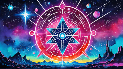 Abstract Space Landscape with Star Compass