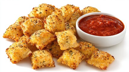 Golden fried ravioli bites served with a bowl of rich, red tomato dipping sauce