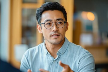 Fototapeta premium Thoughtful young man wearing glasses and a light blue shirt attentively listening and gesturing in a cozy indoor setting