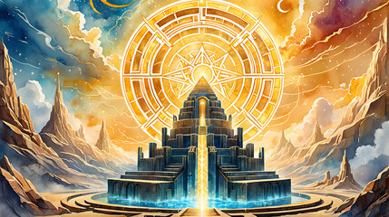 Temple Labyrinth Watercolor Landscape