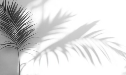 Obraz premium Black and white image of a palm leaf casting a sharp shadow on a white wall, evoking a calm and minimalist atmosphere