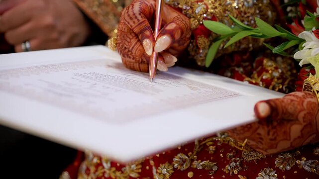 Indian bride is signing a wedding certificate with a traditional henna painted hand. Red color is the traditional Indian clothes, Elements of hindu wedding. 