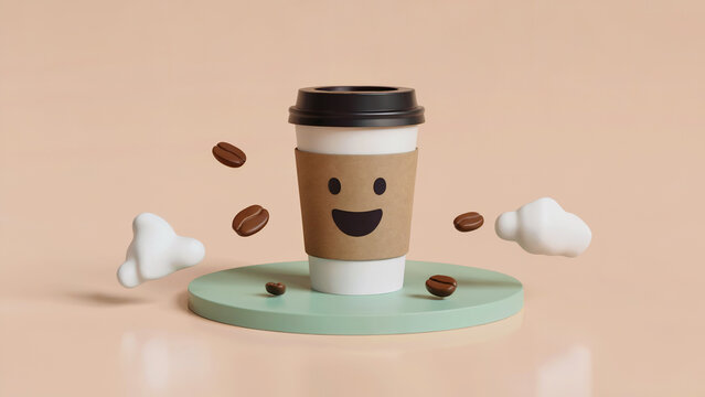 Stylized Coffee Cup with Smiling Face and Floating Beans Perfect for Morning Energy and a Cafe Vibe