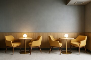 Fototapeta premium Modern interior space with yellow chairs and round tables under soft lighting in a minimalistic room setting with contemporary decor elements.