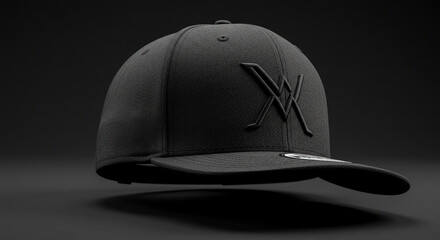 A dark gray baseball cap with a prominent embossed 'X' logo is presented from a side-profile view, highlighting the flat brim and floating effect