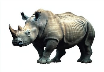 Fototapeta premium Strong and powerful rhinoceros standing sideways showing its thick textured skin and two horns on its snout