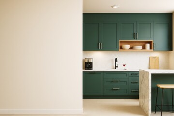 Contemporary kitchen interior with green cabinetry, marble countertop, and blank wall for copyspace in modern home decor template scene.