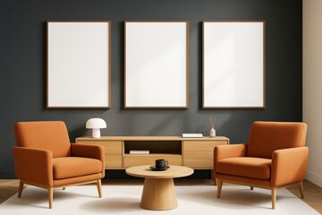 Modern living room interior with orange armchairs, wooden furniture, and three blank vertical posters on dark wall for branding or mockup use.